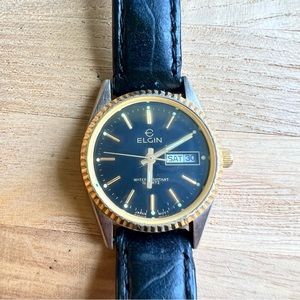 Vintage Elgin ladies black and gold tone dress watch NEW BATTERY